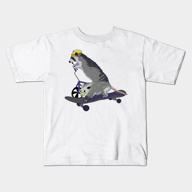 Racoon and opossum on skateboard Kids T-Shirt by annoyingarts